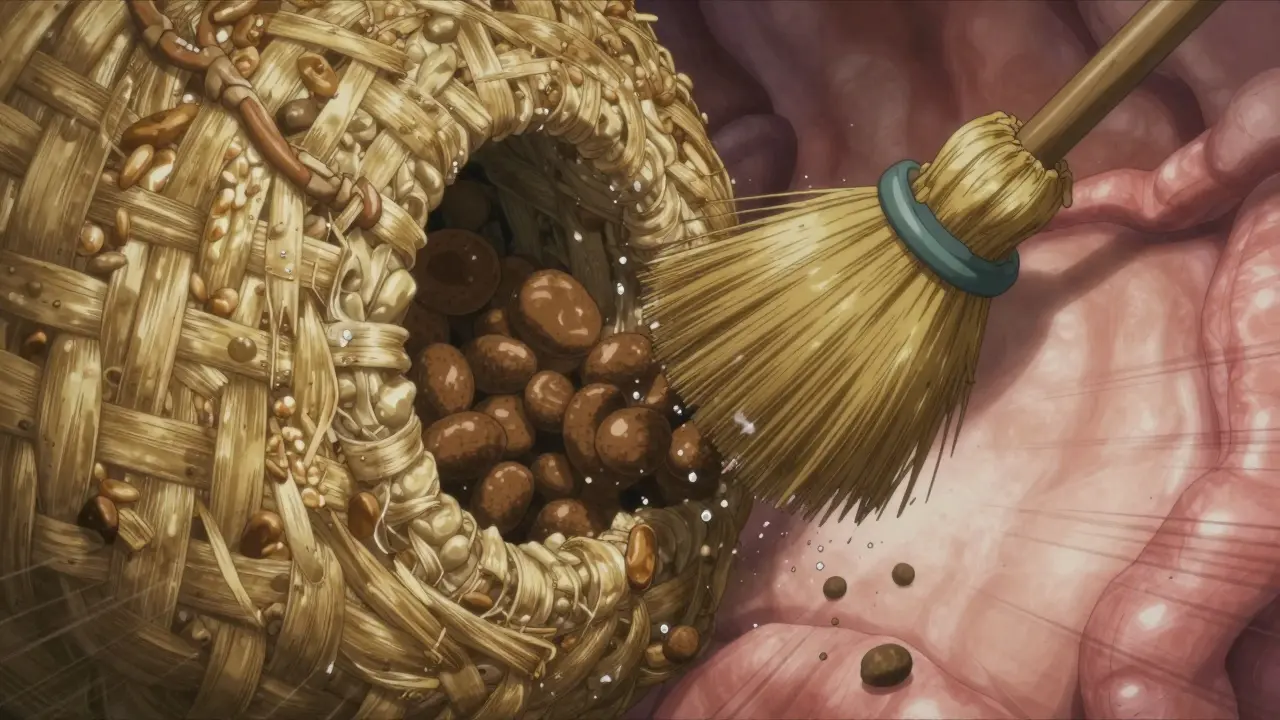 Insoluble fiber acting as a broom pushing stool through the colon with water splashes.