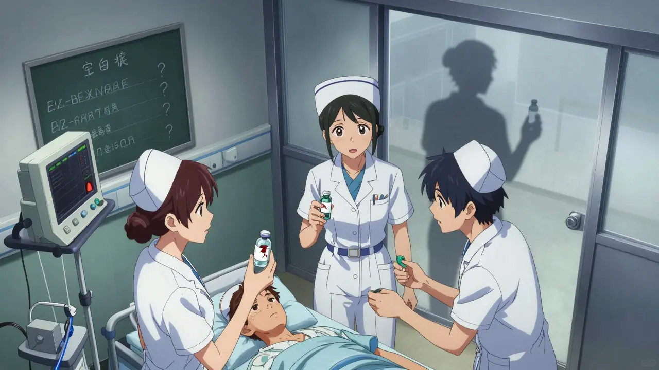 Nurses in an ICU hold an empty vial while a monitor flashes red, with a chalkboard of uncertain alternatives behind them.