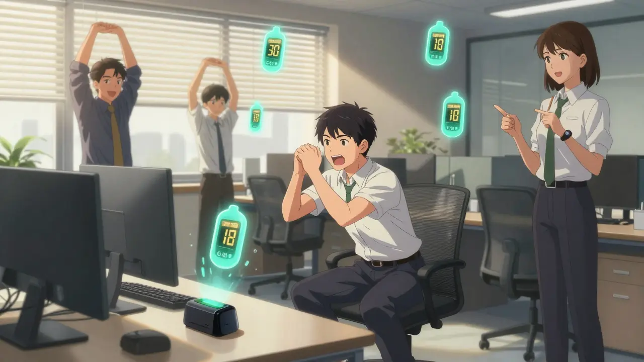 Office worker doing squats after timer alert, glucose levels dropping around him.