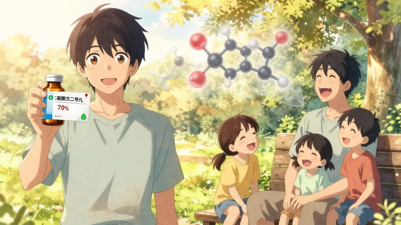 Patient holding biosimilar pill bottle beside joyful moment with grandchildren in sunlit park.