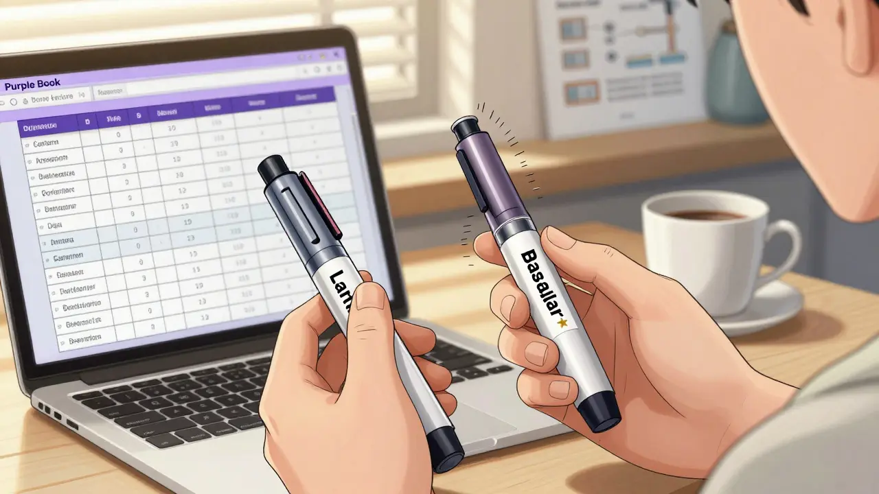 Patient holding two insulin pens side by side, one branded and one biosimilar, with Purple Book chart visible on laptop.