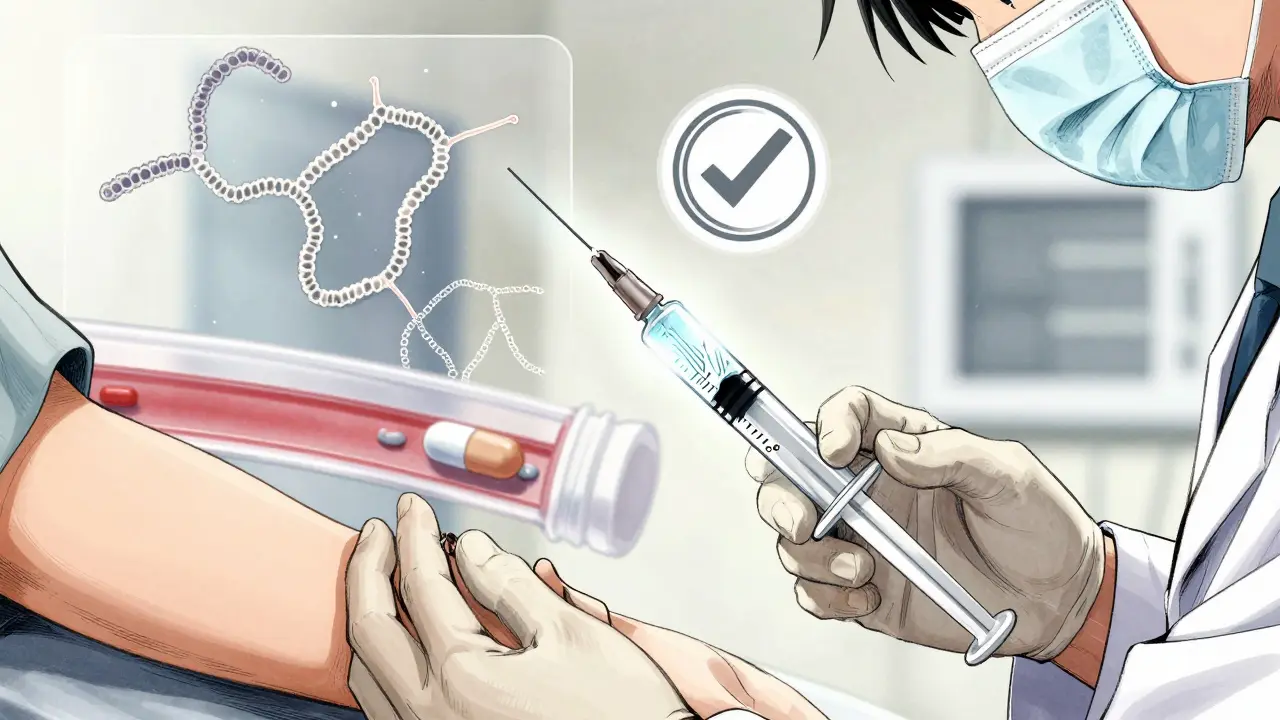 Patient receiving a biologic injection with microscopic protein differences visible in glowing overlay.