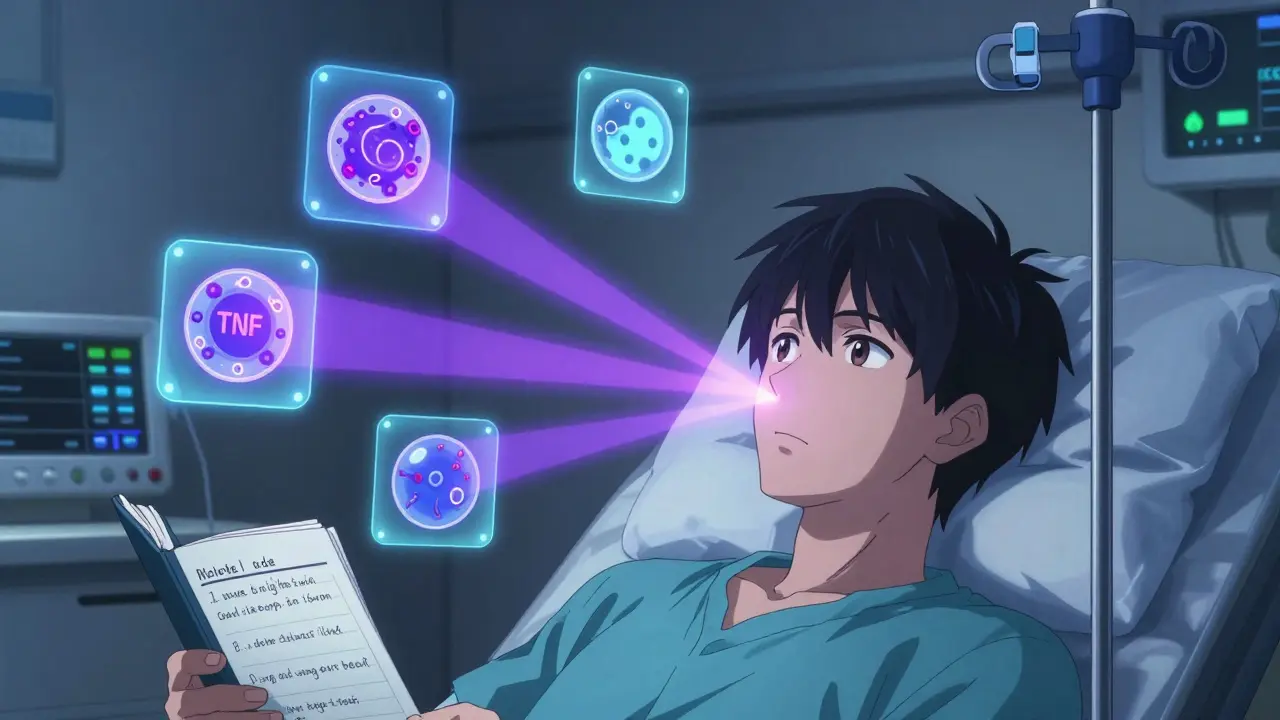 Patient receiving biologic IV infusion with floating immune system targets glowing in the background.