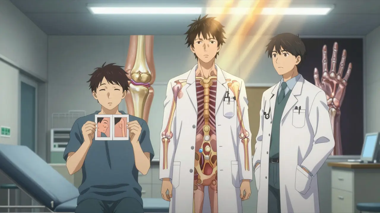 Patient showing skin photos to two doctors whose coats merge into a diagram of skin and joint connections.