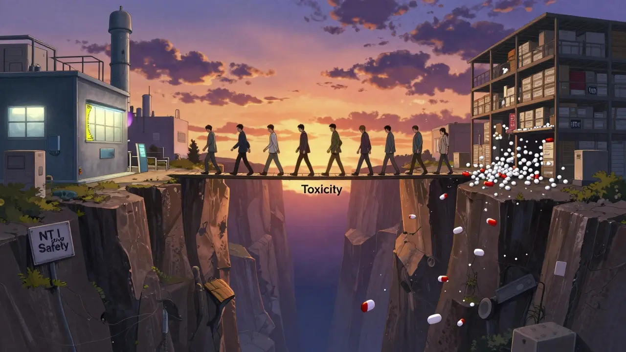 Patients walking a narrow cliff path over a toxicity chasm, symbolizing NTI drug safety.