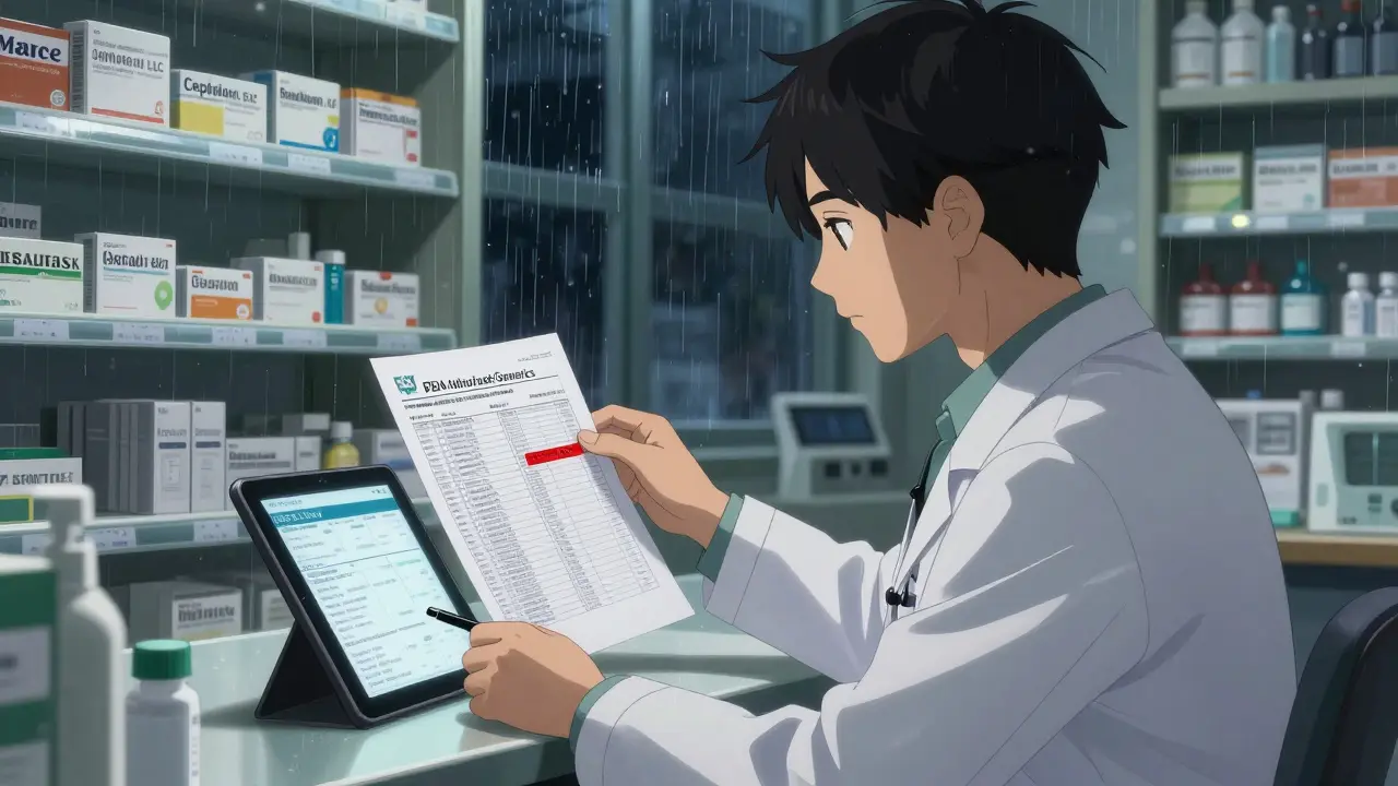 Pharmacist comparing FDA authorized generics list with digital tablet at night.