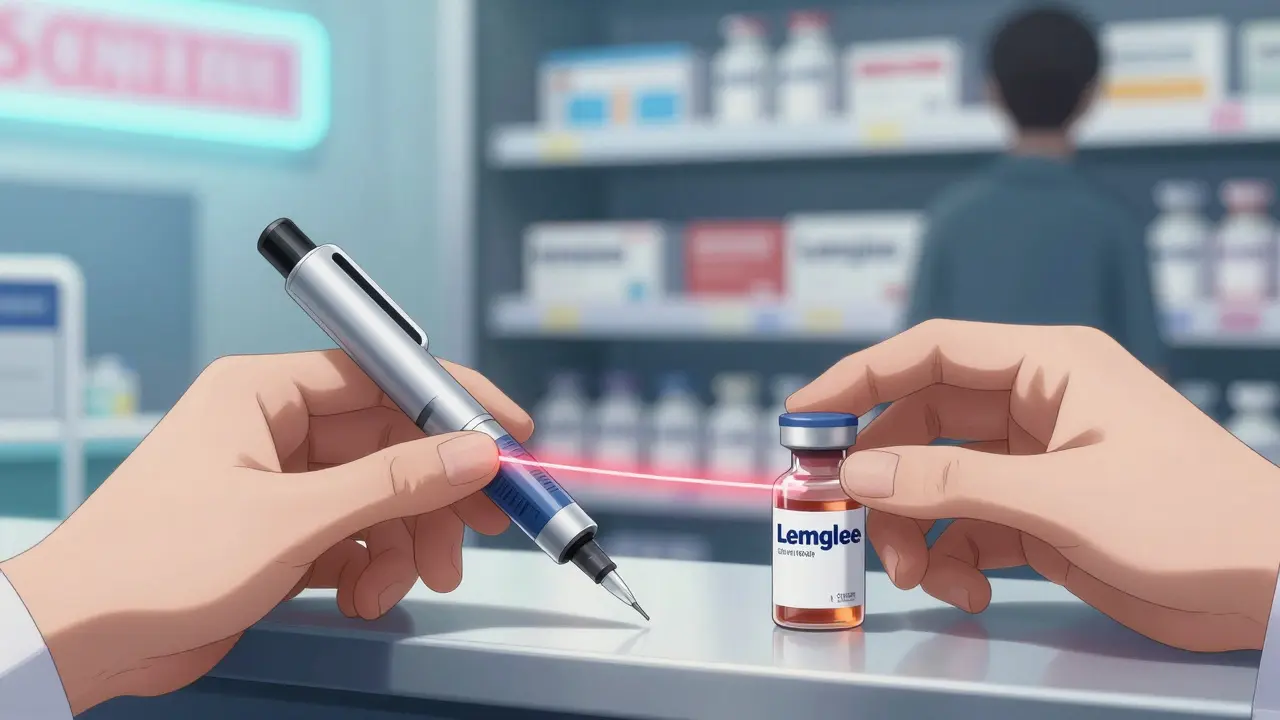 Pharmacist placing a biosimilar insulin pen next to a branded vial, glowing line shows equivalence.
