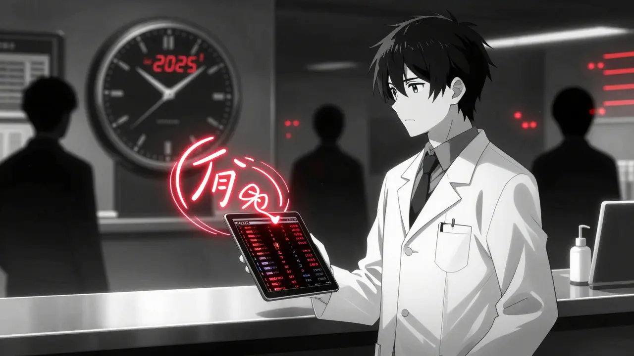 Pharmacist viewing real-time adverse event data with glowing alerts and a countdown to 2025.