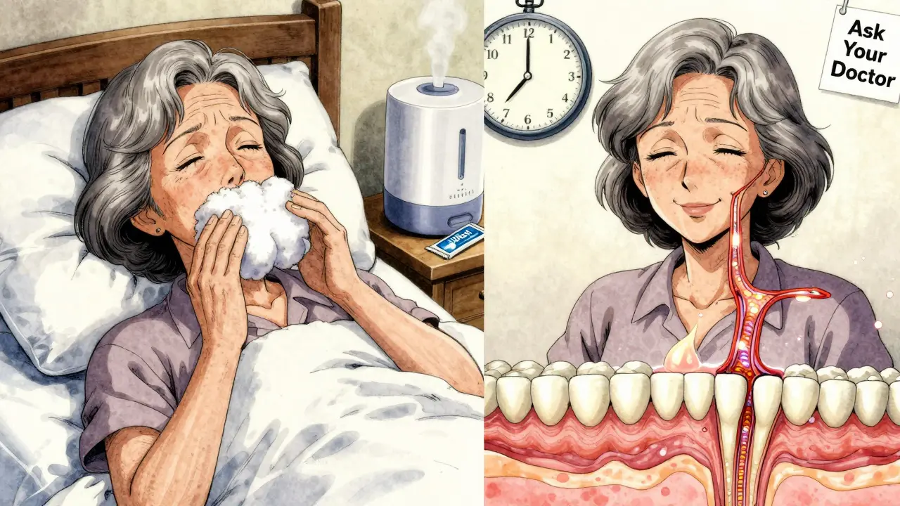 Split image: elderly woman waking with dry mouth vs. later smiling with restored saliva flow and health symbols.