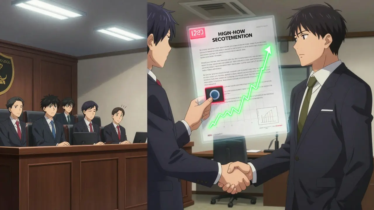 Split scene: chaotic courtroom vs calm handshake, with a floating high-low settlement contract between them.