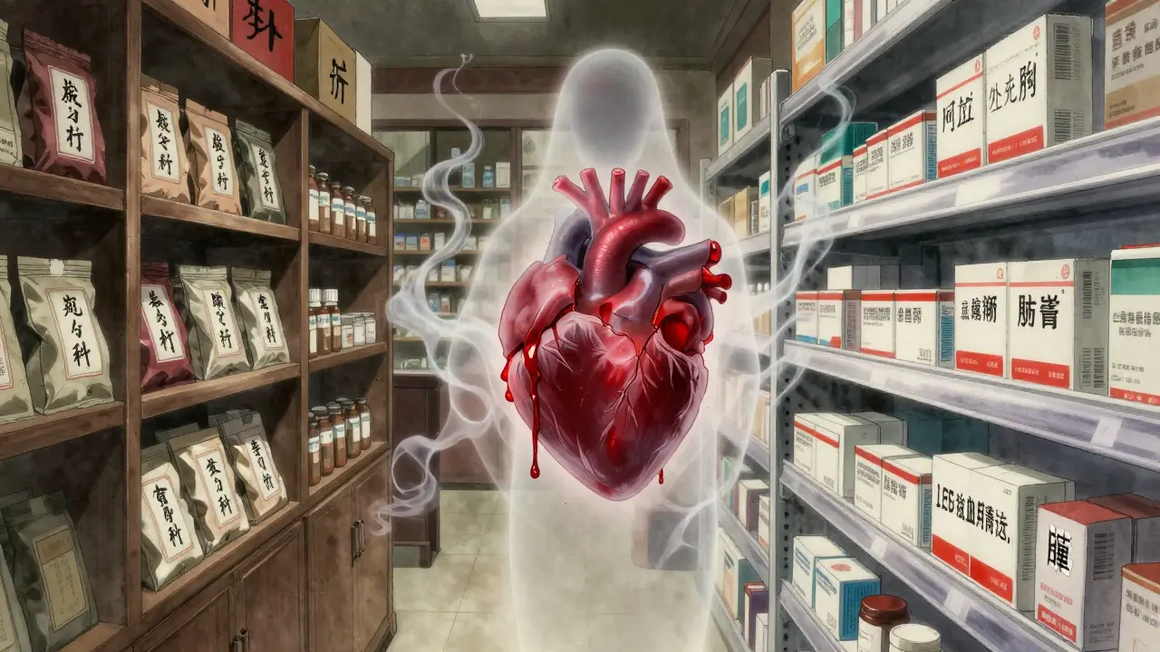Split scene: Chinese herb shop and Western pharmacy connected by a ghostly bleeding heart.
