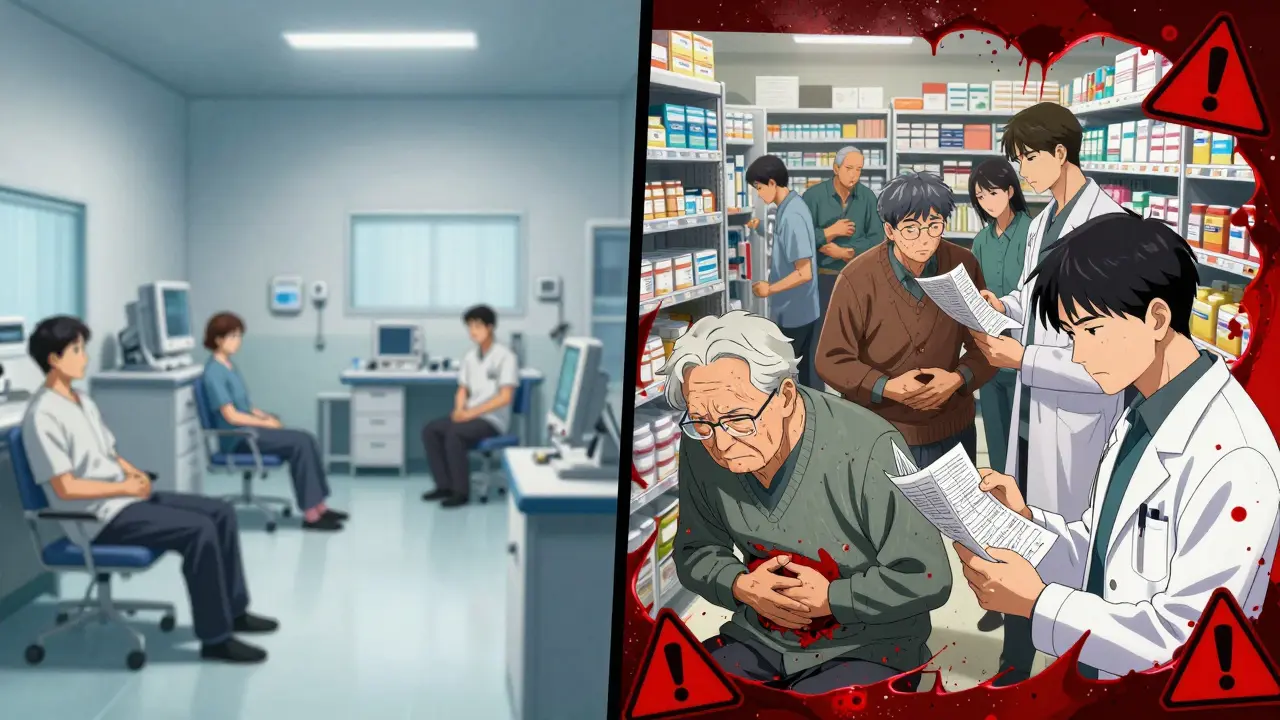 Split scene: clinical trial room vs chaotic real-world drug reaction scenes.