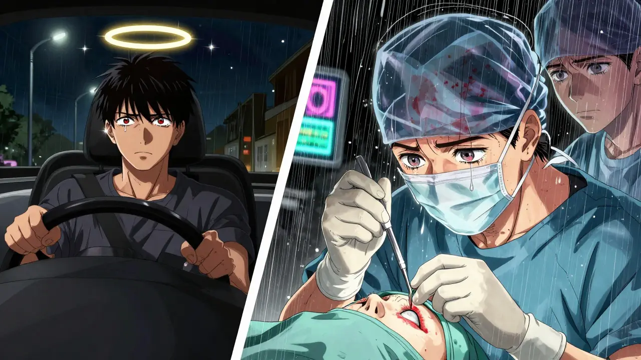 Split scene of a driver with visual distortions and a surgeon correcting iris complications during cataract surgery.