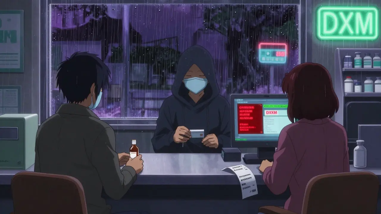 Three people buying cough syrup at a pharmacy while warning alerts flash on the counter screen.