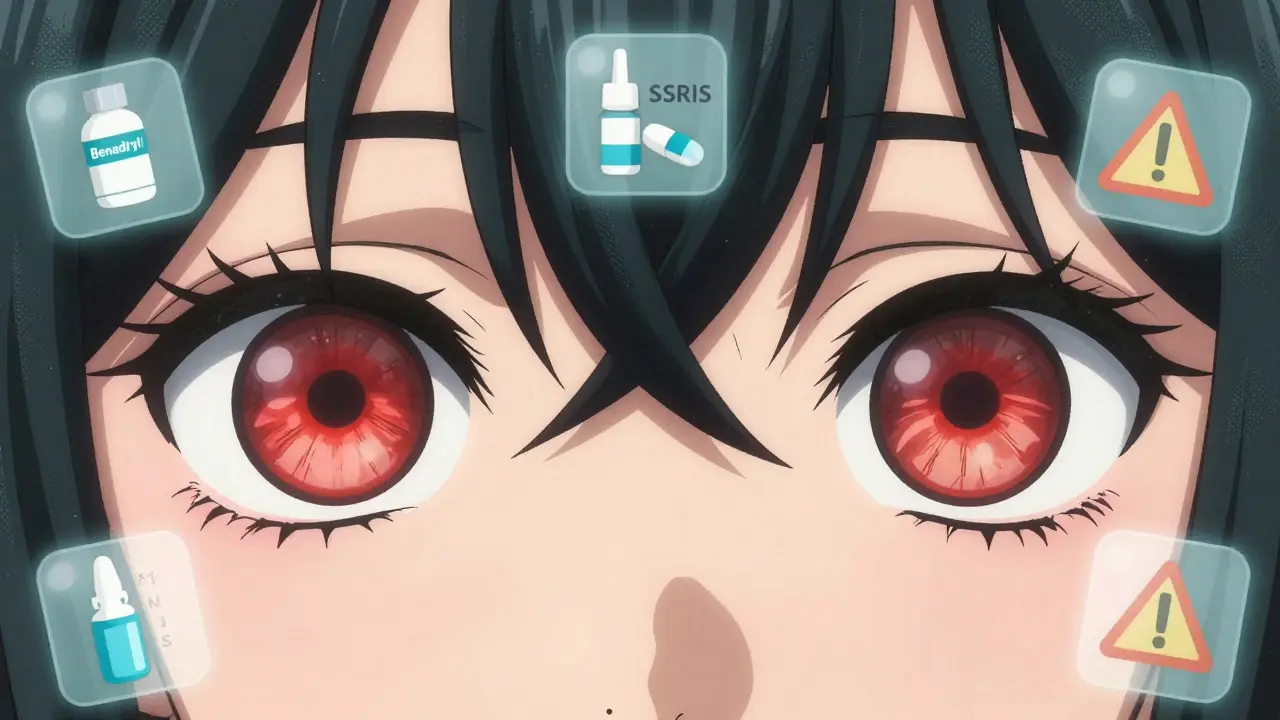 Two eyes side by side, one dilated with warning medication icons floating around.
