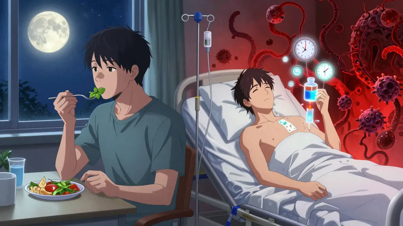 Two parallel figures: one eating peacefully, another in hospital with biologic drugs and cancer risk symbols.