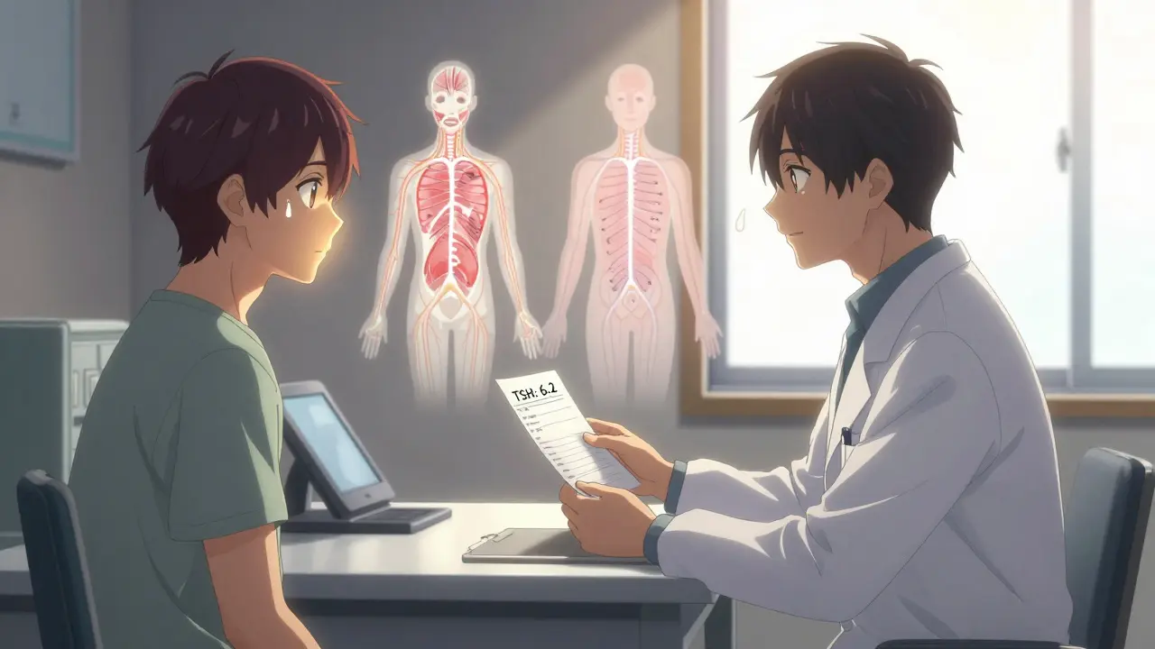 A doctor and patient in a clinic, with a blood test report and calming light indicating relief after adjusting thyroid medication.