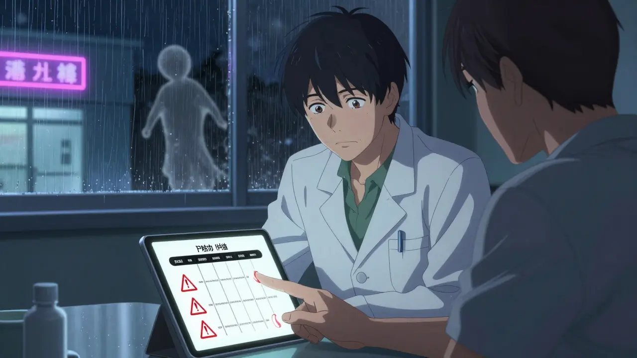 A doctor and patient reviewing medication warnings on a tablet, with glowing red alerts for dangerous side effects.