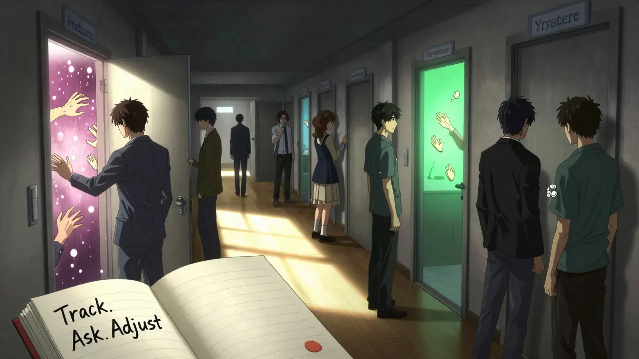 A hallway of doors labeled with medications, each revealing inner chaos or calm, as one person closes a door to anxiety.