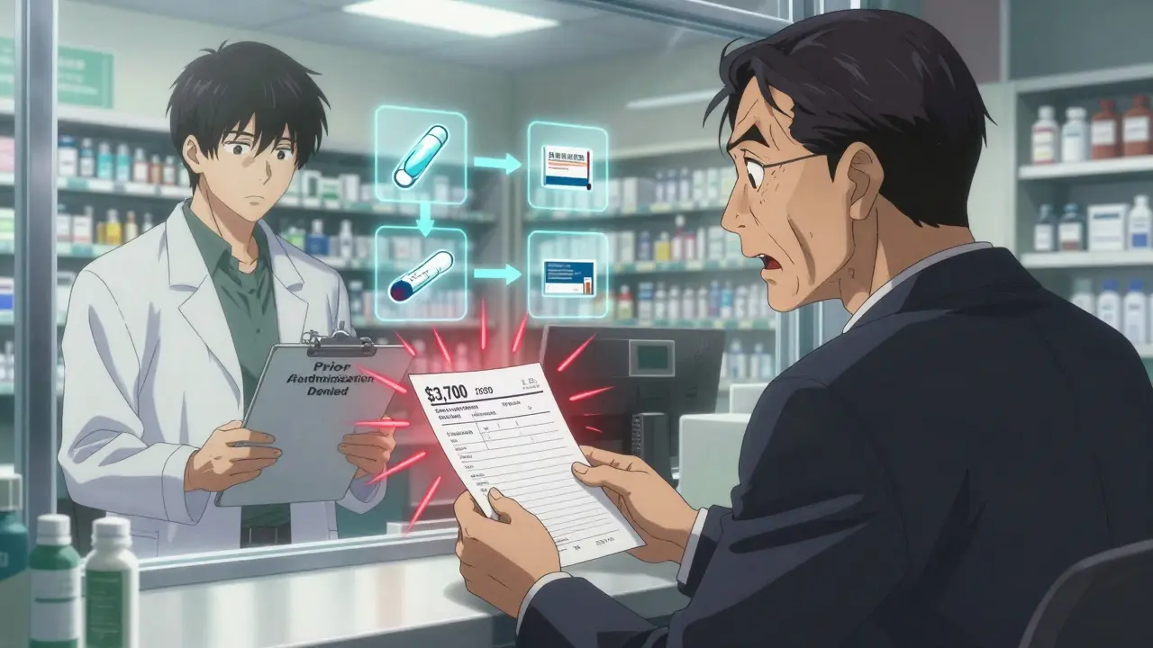 A man shocked at a ,700 pharmacy bill while a denied prior authorization notice looms behind him.