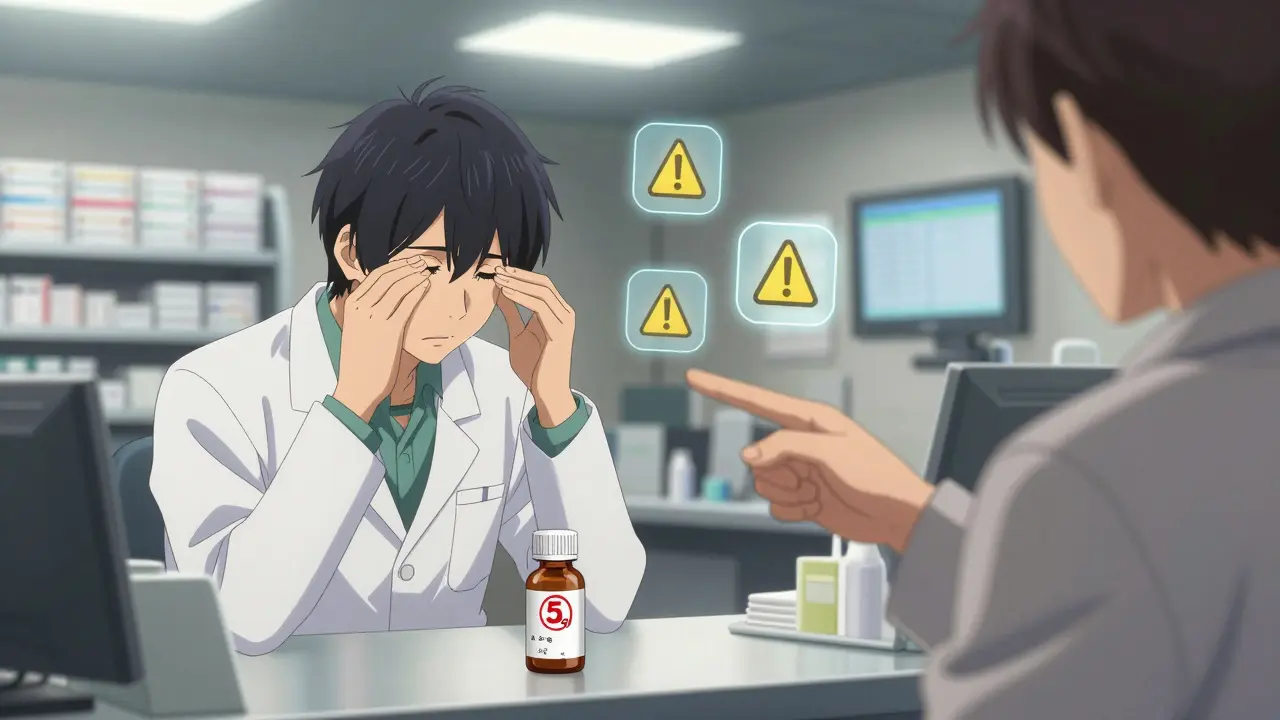 A pharmacist under pressure as a patient points out a labeling error on a medication bottle.