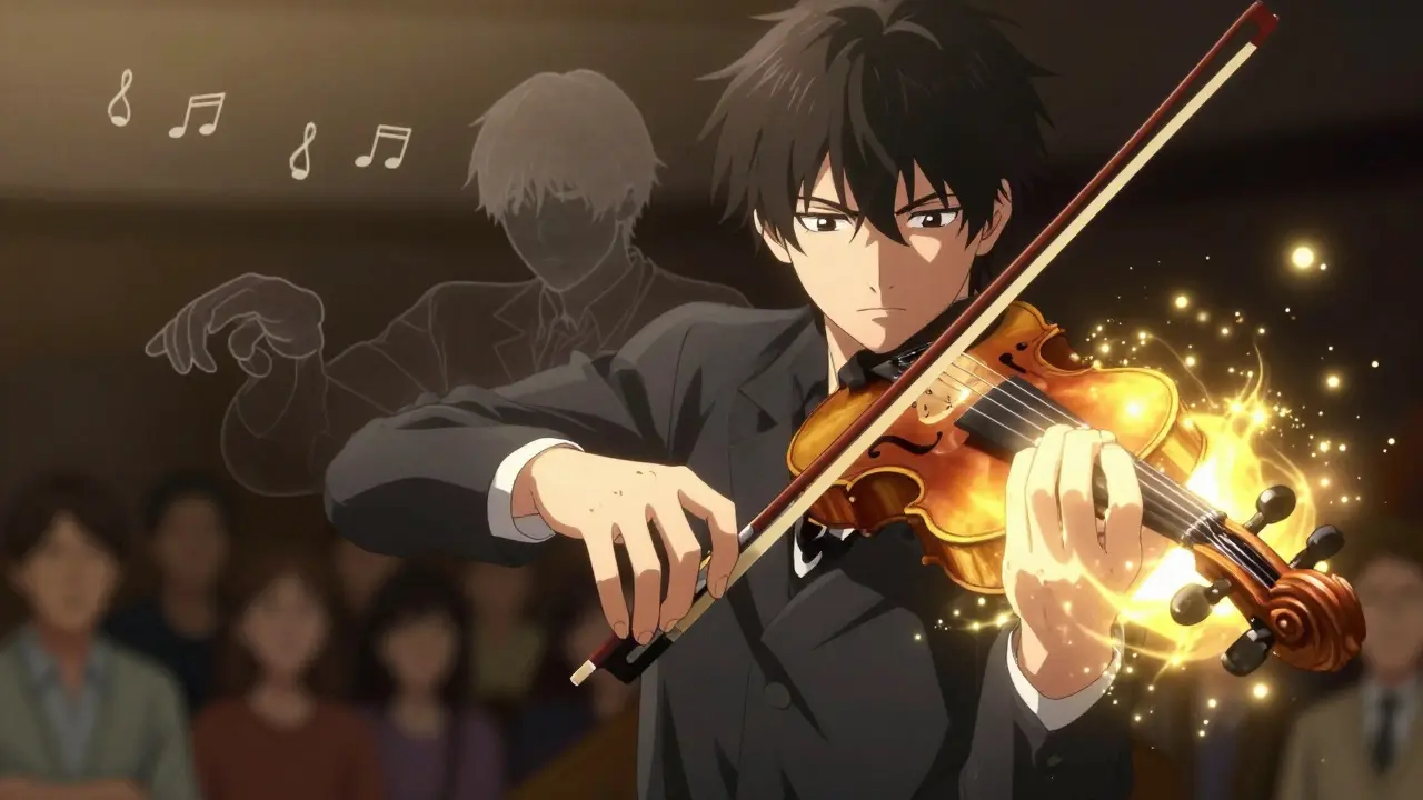 A violinist playing with steady hands, golden aura surrounding his fingers as medication restores control.