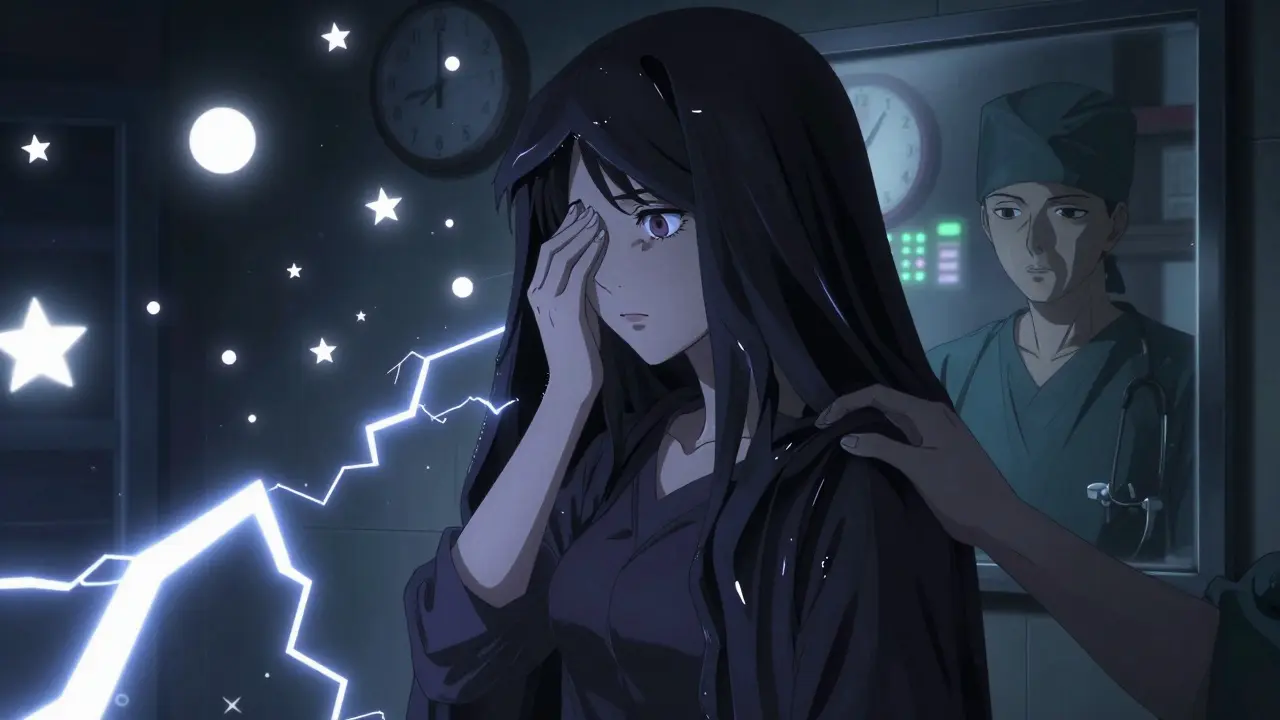 A woman experiences sudden floaters and flashes, with a dark shadow creeping over her vision.