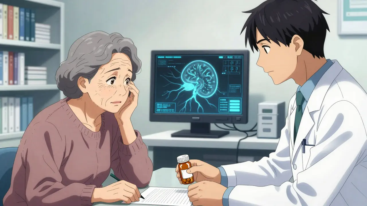An elderly woman and neurologist in a clinic, her hands shaking as she signs a form, neural pathways glowing on monitor.