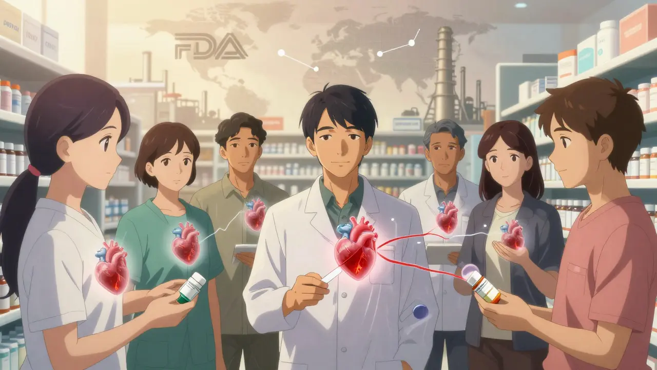 Diverse patients receiving generic prescriptions with molecular pathways connecting pills to their hearts, glowing warmly.