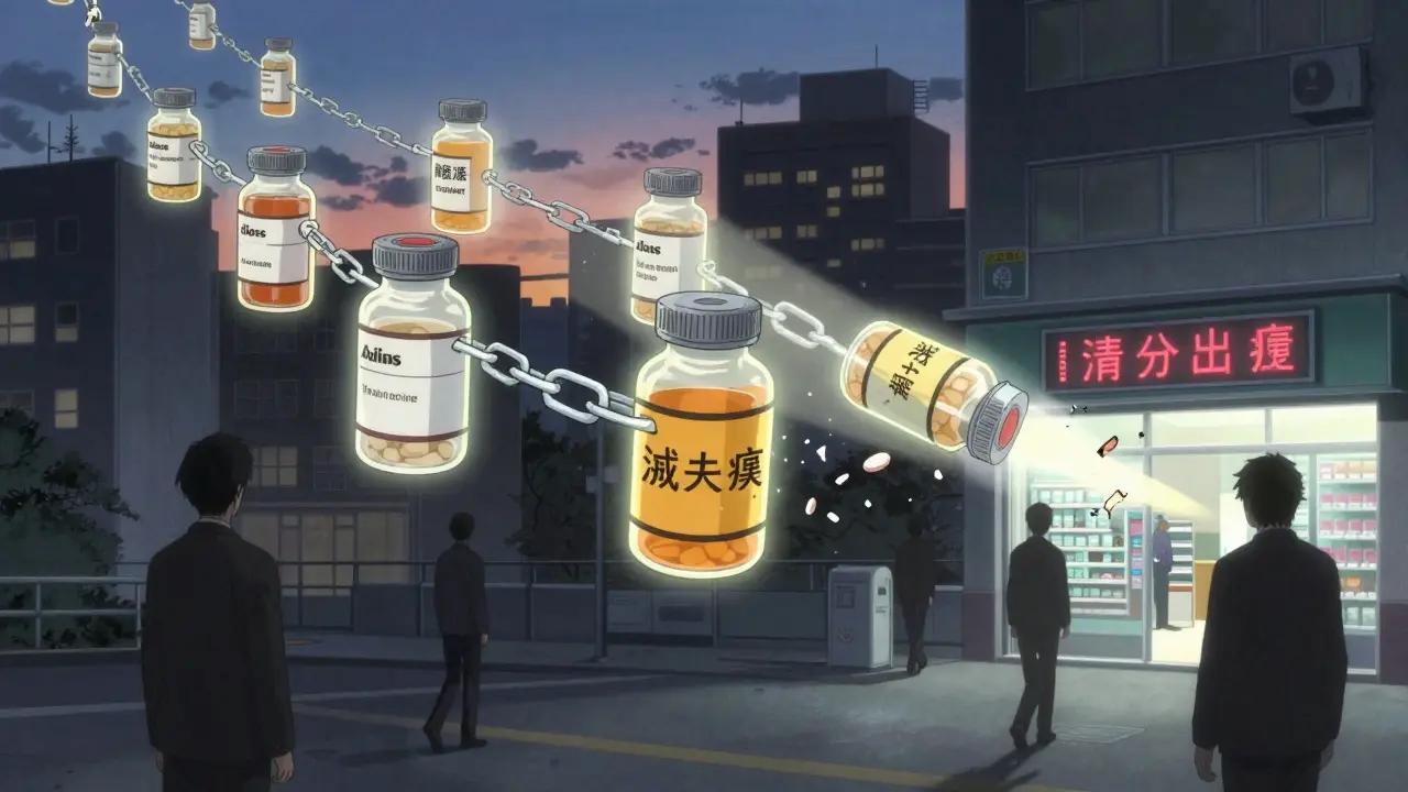 Glowing pill bottles forming a chain of errors, one breaking to trigger pharmacy system change