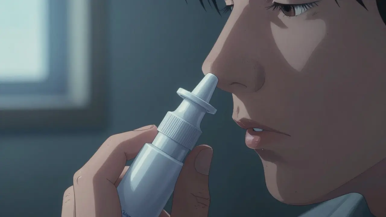 Hand administering naloxone spray into nostril with correct insertion depth