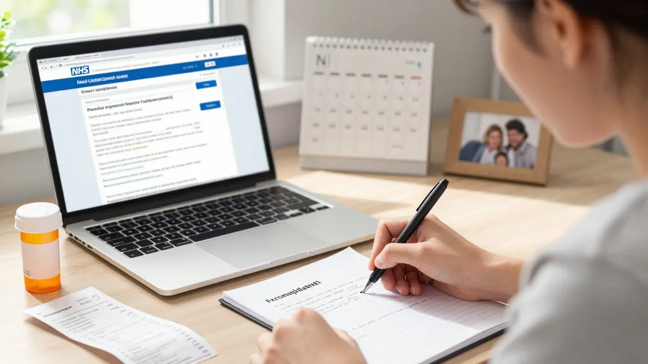 Hand writing a complaint letter beside prescription bottle and receipt under morning light