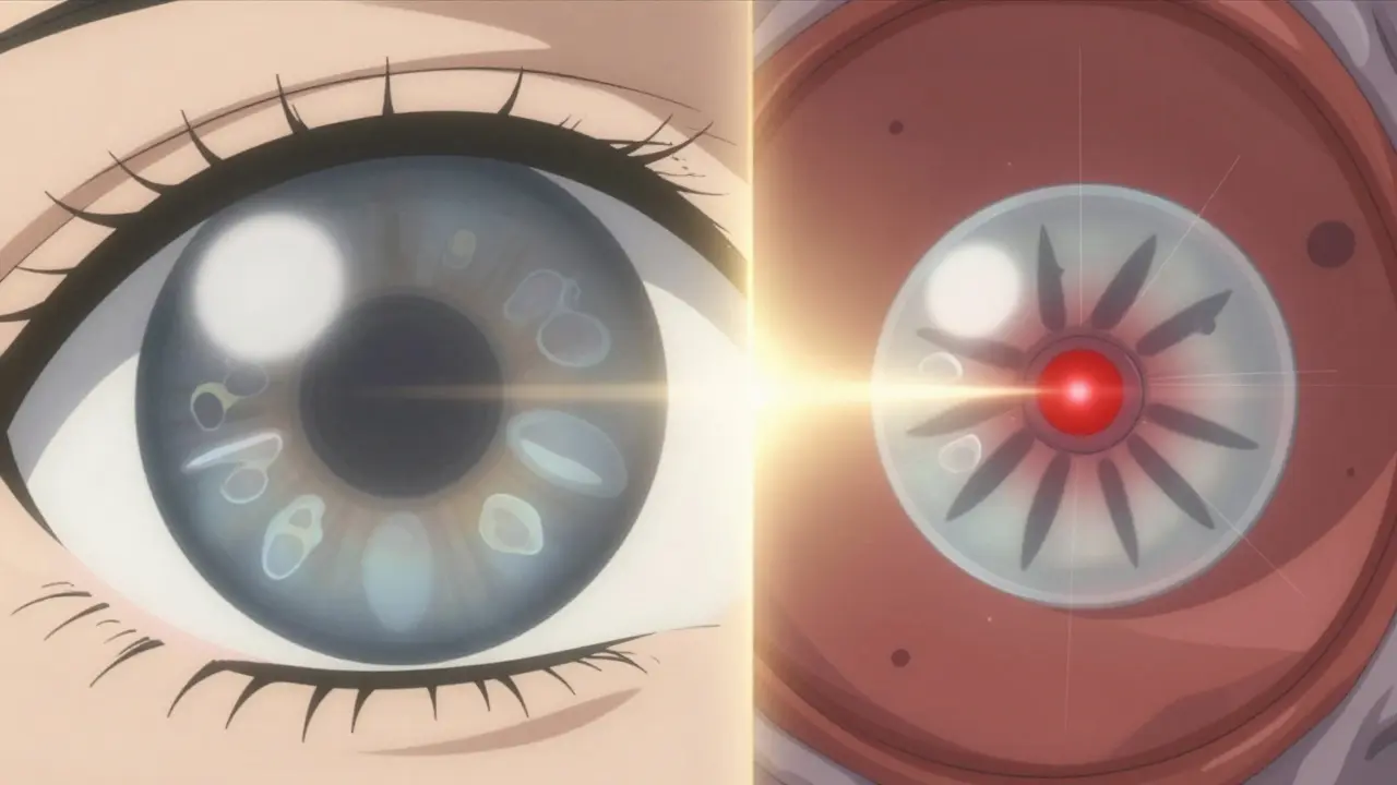 Microscopic view comparing cloudy and clear eye lenses, showing vitreous debris shadows.