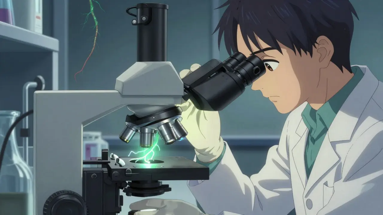 Scientist examining nerve repair under microscope in laboratory.