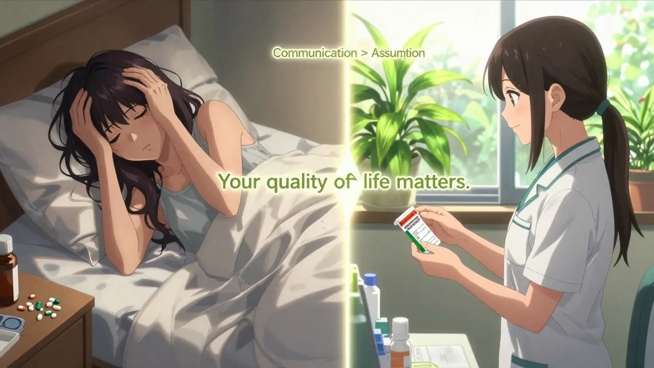 Split scene: a woman suffering in darkness versus her empowered self in sunlight, with a path labeled 'Communication > Assumption'.