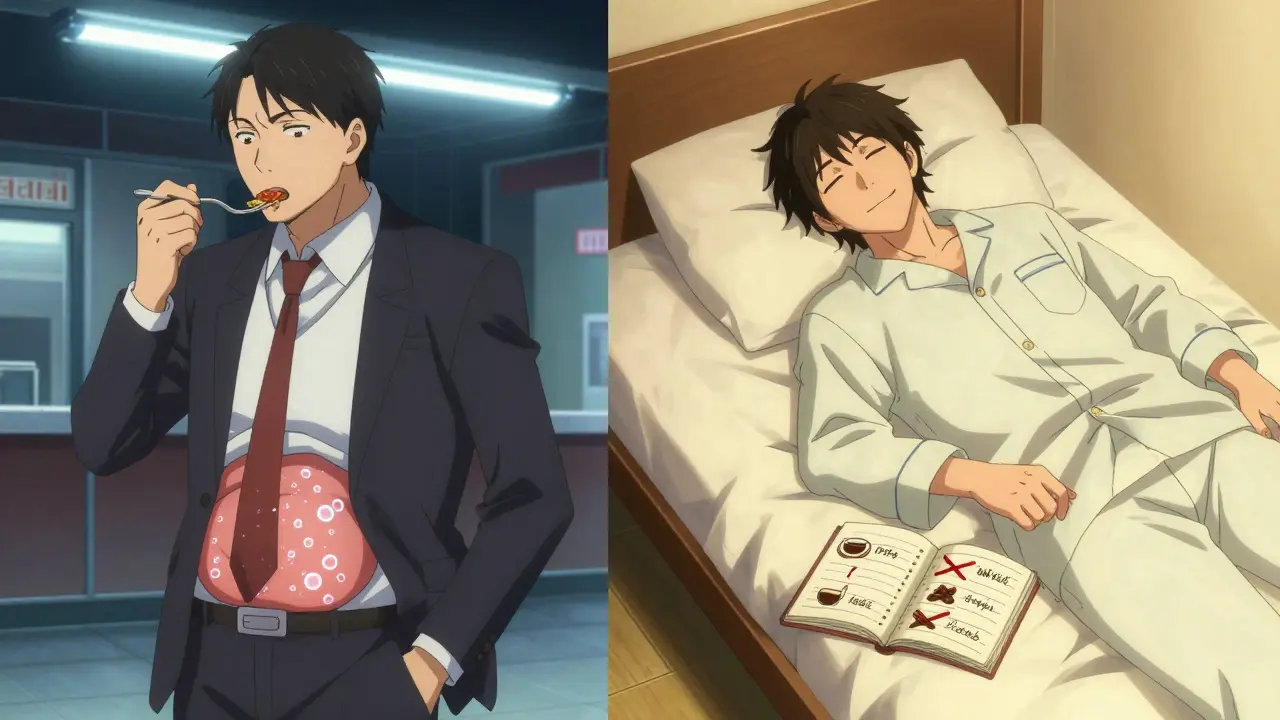 Split scene: man eating late-night spicy food vs. same man sleeping peacefully on an elevated bed with a food diary showing eliminated triggers.