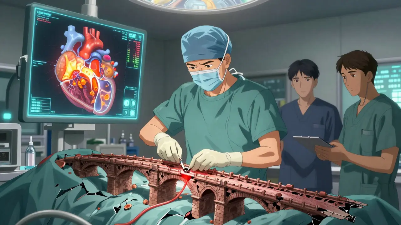 Surgeon placing a stent in a coronary artery, holographic plaque analysis glowing beside them in a hospital setting.