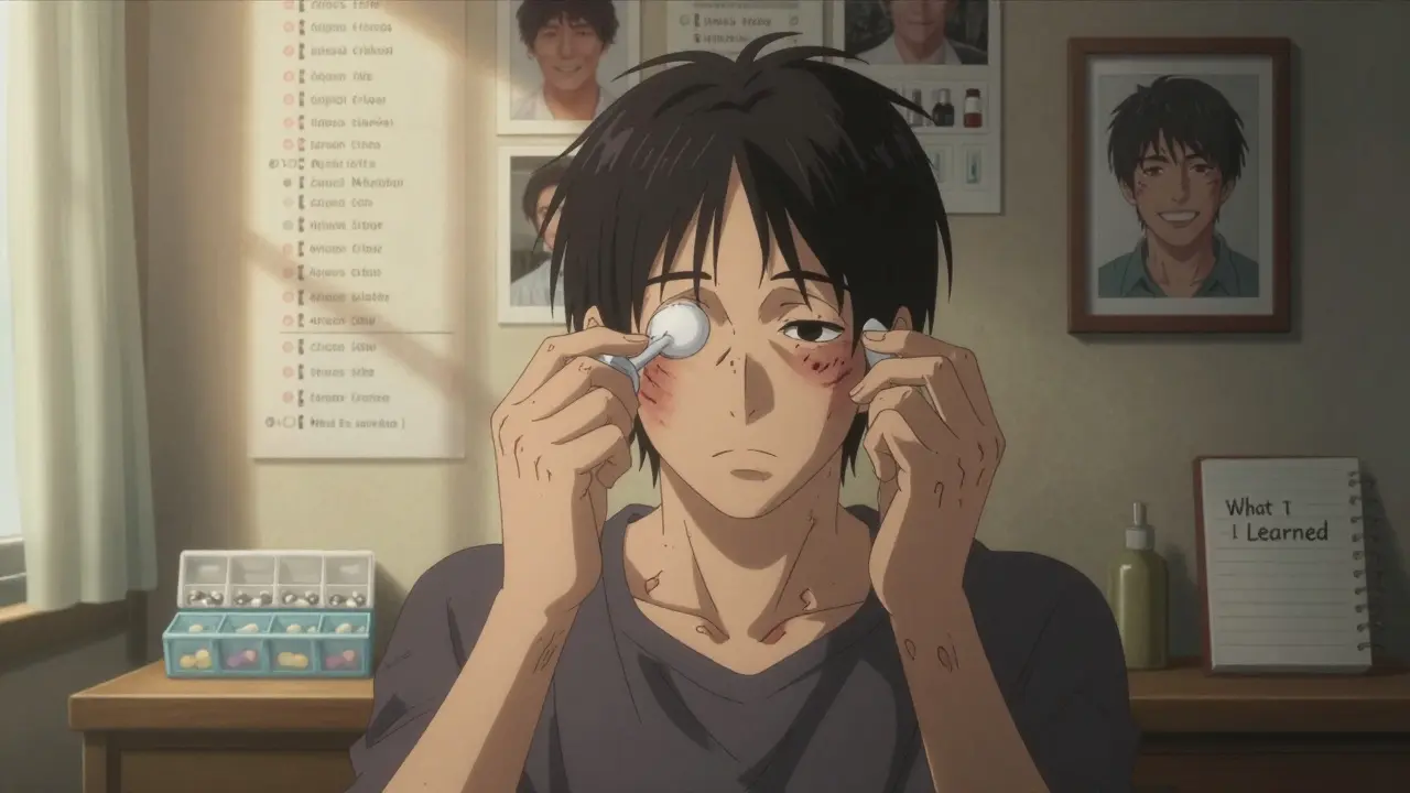Survivor with eye scarring holding eye drops, medical timelines on wall, quiet room with sunlight.