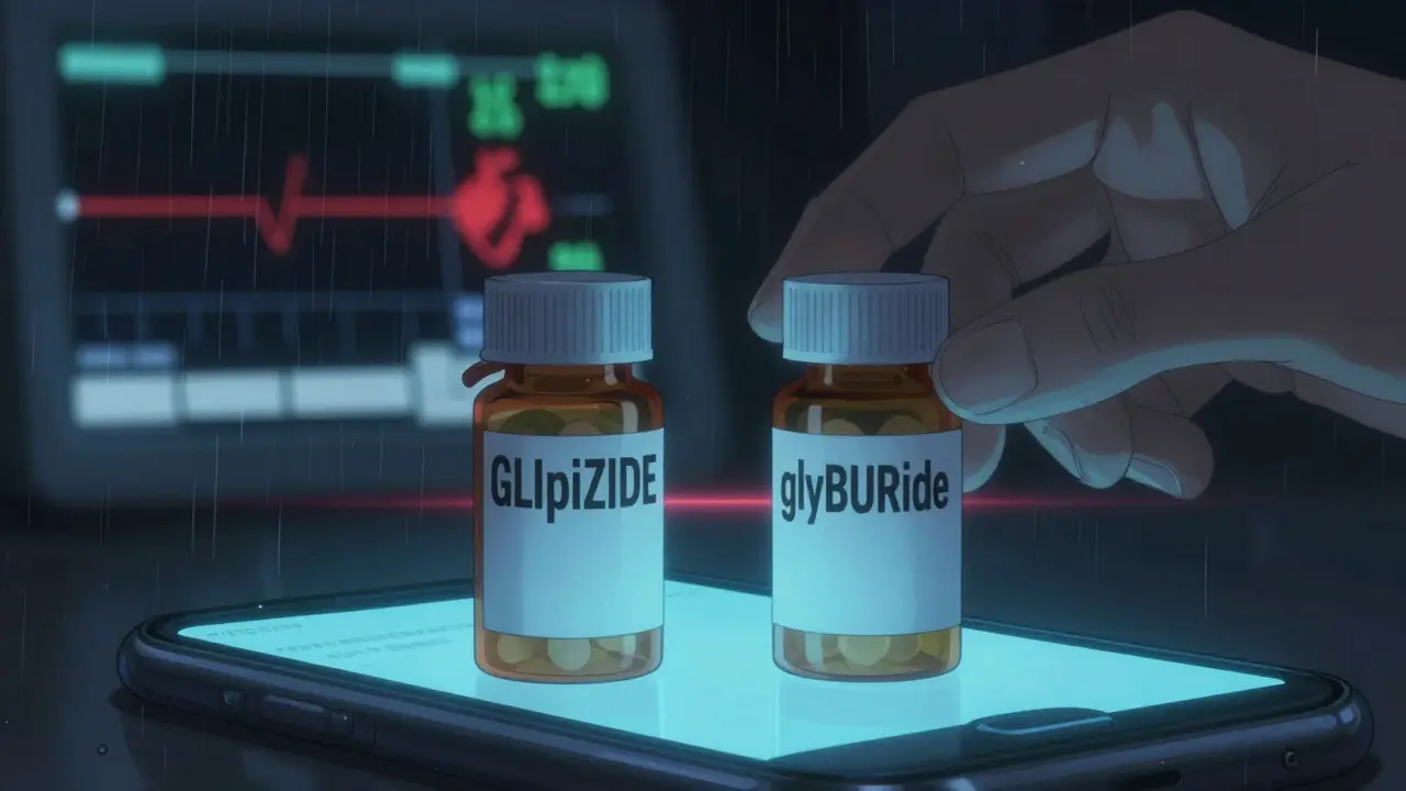Two similar-looking medication bottles side by side, one mislabeled, with a heart monitor in the background.