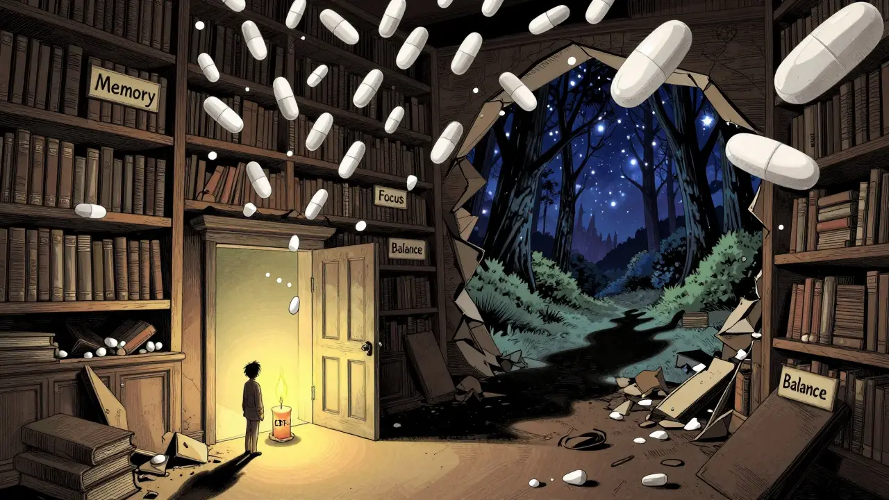 A crumbling mental library collapsing under pill rain, while a small figure lights a candle leading to a serene starlit forest.