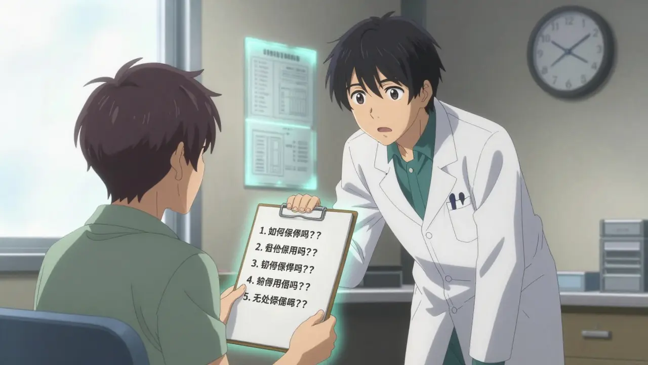 A doctor and patient in consultation, with the patient holding a notepad listing seven key health questions.