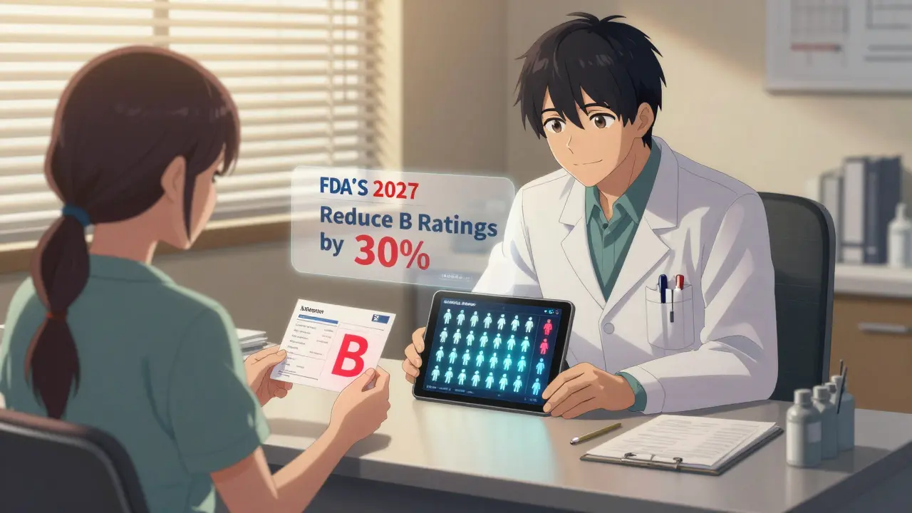 A patient and doctor discuss a 'B'-rated prescription, with real-world patient data glowing softly in the background.