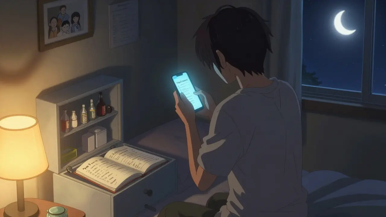 A person preparing for a doctor's appointment at night, reviewing sleep, stress, and medication notes in their bedroom.