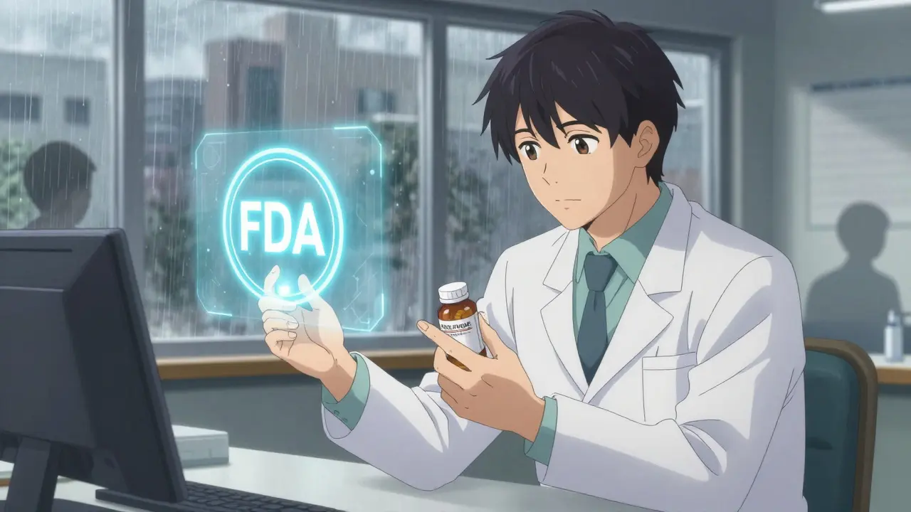 A pharmacist explains a medication switch to a patient, holding both old and new pill containers with a subtle bioequivalence icon in the background.
