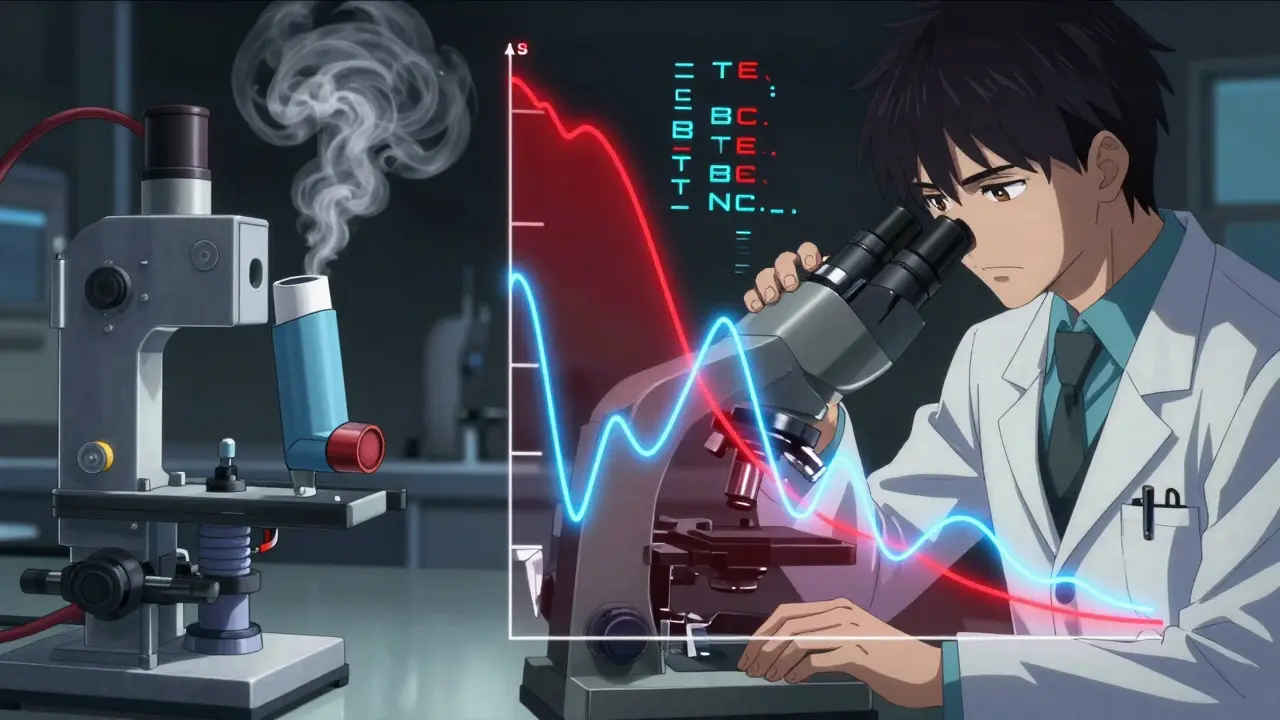 A scientist studies a complex inhaler and bioequivalence graph with floating therapeutic equivalence codes.