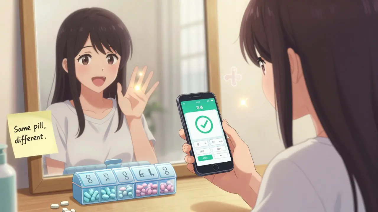 A woman smiles as her phone confirms she took her pill, with a labeled pill organizer beside her, symbolizing improved adherence.