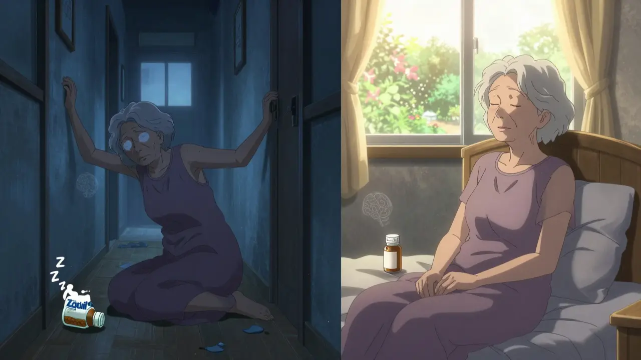 An elderly woman stumbling in a dim hallway versus peacefully sleeping in a sunlit room, with melatonin bottle nearby.