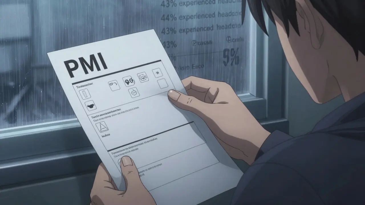 Close-up of a Patient Medication Information sheet with minimalist design and faint overlay of statistical data about side effects.
