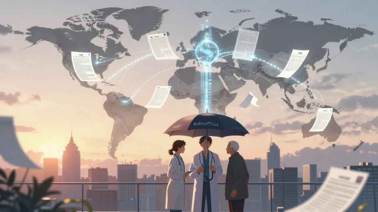Global network of digital medication labels connecting countries, with a pharmacist, doctor, and patient standing together under a safety-themed umbrella.