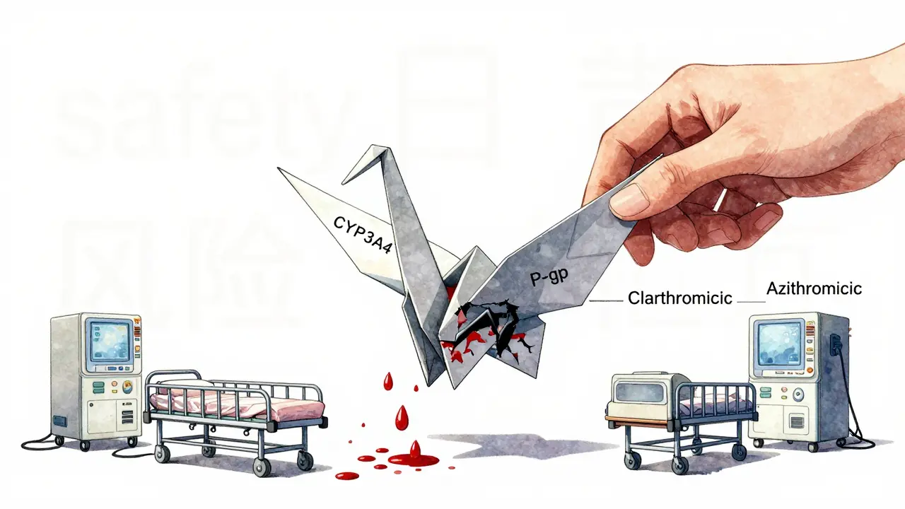 Human body as an origami crane with one wing destroyed by clarithromycin, the other protected by azithromycin.